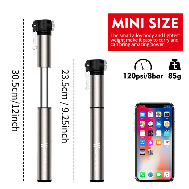 WEST BIKING 120PSI Bicycle Pump Hose Mountain Road Cycling Tire Inflator Schrader Presta Valve Alloy Portable Mini Bike Pump