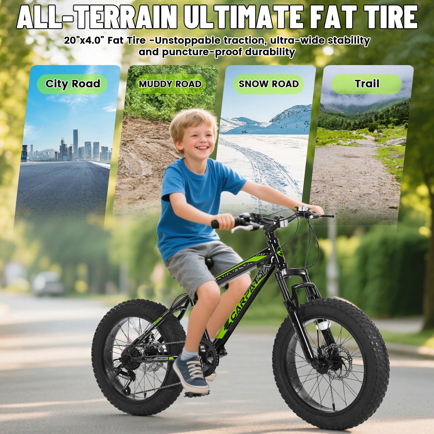 Ecarpat 20 x 4.0 Inch Tire Kids' Bike, Wide Fat Tire Mountain Bike, 7 Speed for Boys Girls Children Kids' Bicycles, Steel Frame