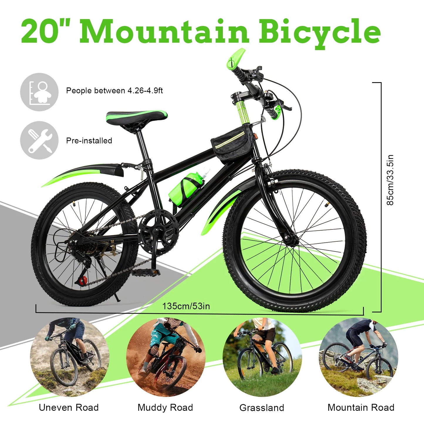 20In Mountain Bike 7 Speeds Adjustable Height Kids Bicycle for Boys, Girls MTB Children's Bicycle with Double Disc Brake