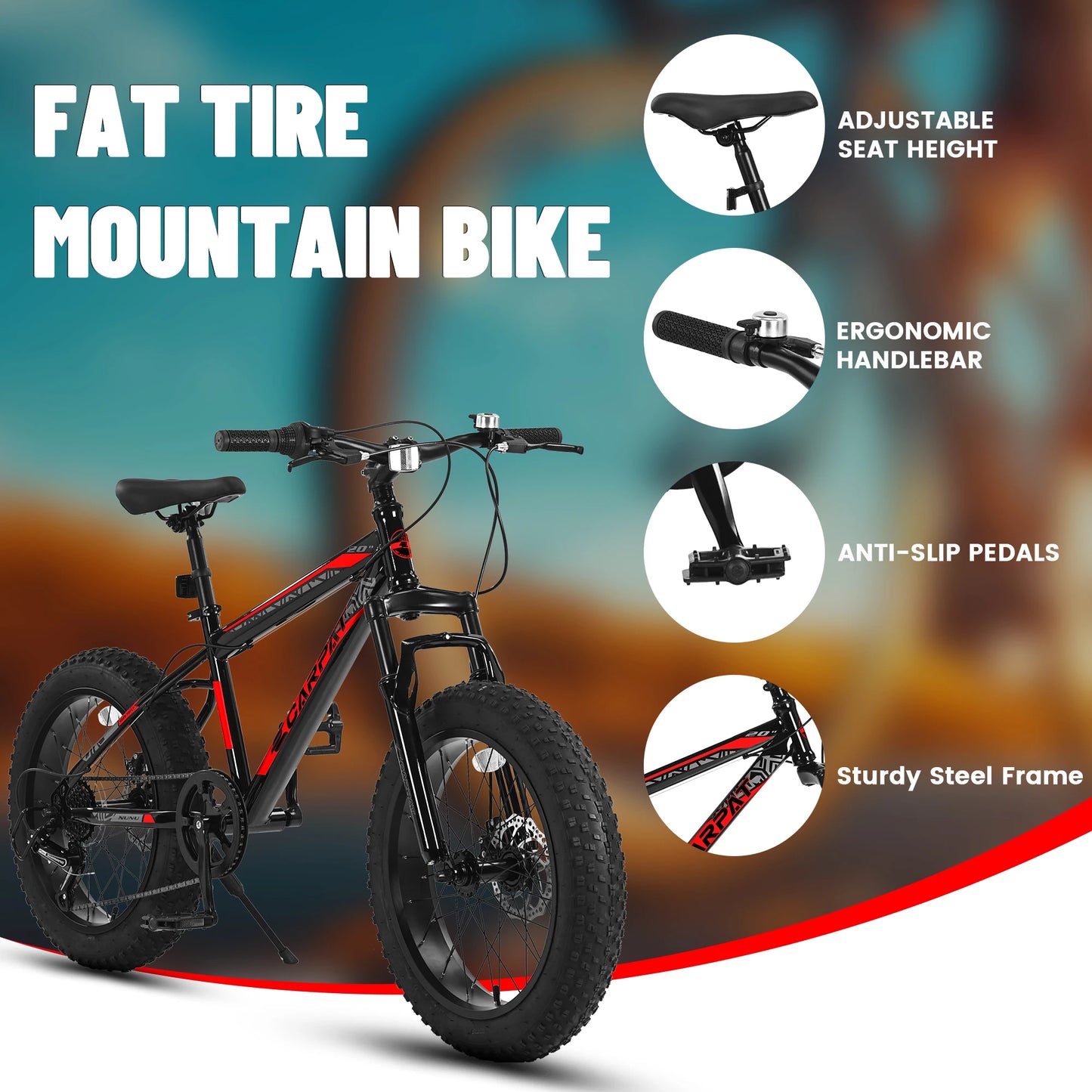 Ecarpat 20 x 4.0 Inch Tire Kids' Bike, Wide Fat Tire Mountain Bike, 7 Speed for Boys Girls Children Kids' Bicycles, Steel Frame